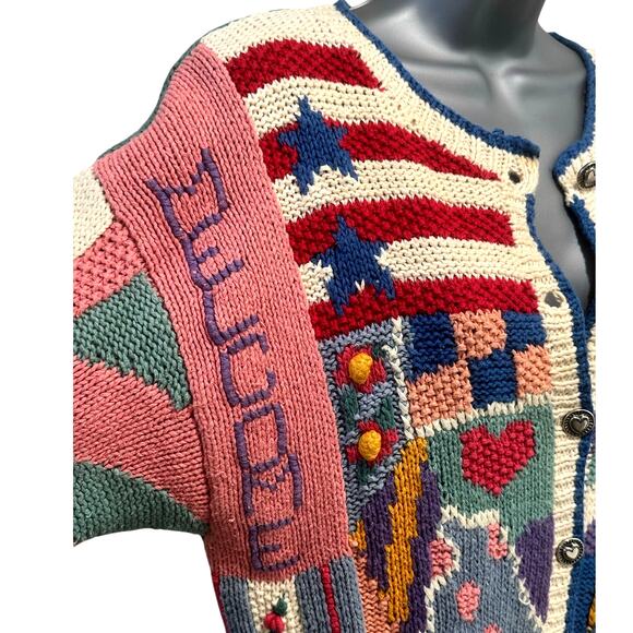 Belle Pointe Vintage 90's Cardigan 'Welcome' w/Floral Design and Basket Accent - Picture 4 of 12